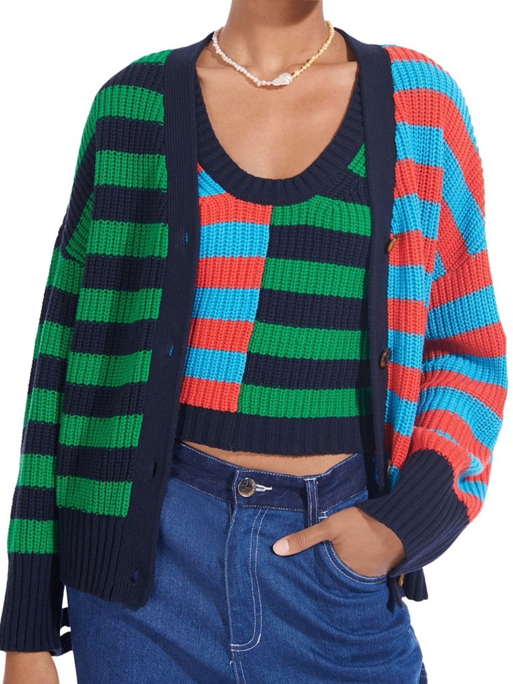 STAUD Mixed-Striped Cardigan